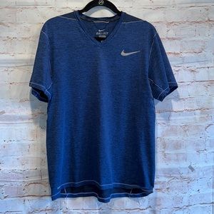 Nike Mens short sleeve blue black dri fit training top shirt gym v neck pullover